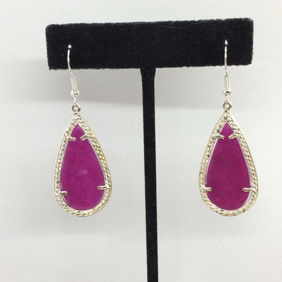 PURPLE NEPHRITE JADE TEAR DROP EARRINGS SILVER TONE DANGLE DROP CAGED - Picture 7 of 10